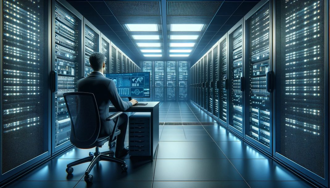 Foto eines IT-Verantwortlichen, der in einem modernen, hochsicheren Serverraum arbeitet und Compliance-Daten überprüft. Es fängt die angespannte, aber kontrollierte Atmosphäre gut ein, die bei der Einhaltung von Datenschutz- und Sicherheitsrichtlinien erforderlich ist.