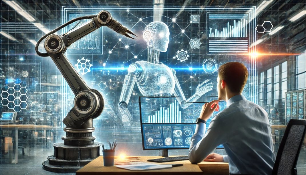 Bild, das einen Roboterarm und einen menschlichen Mitarbeiter zeigt, wie sie gemeinsam digitale Daten auf einem Bildschirm analysieren. Es symbolisiert die Zusammenarbeit zwischen menschlicher Expertise und technischer Automatisierung in einem modernen Arbeitsumfeld.