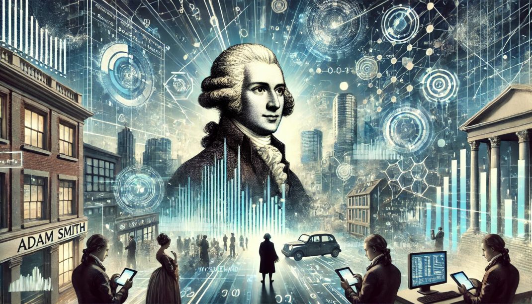 Bild, das Adam Smith zeigt, wie er über eine digitale Welt mit Algorithmen und Datenströmen wacht, und das moderne und historische Elemente kombiniert.